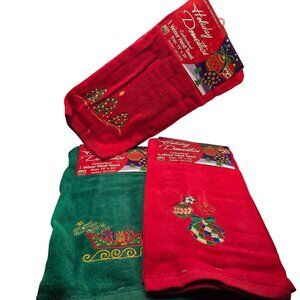 Vintage 90s Lot of 3 Christmas Velour Hand Towels Red Green Embroidered New